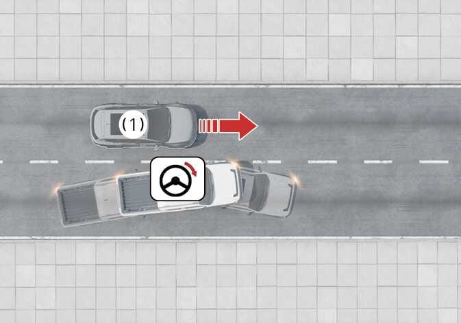 2026 기아 타스만 전방 충돌방지 보조 시스템의 측방 접근차 대응 기능 이미지입니다. 차로를 변경하려는 자차 옆 차로에서 접근하는 상대 차량(1)이 있고, 자차 위에 표시된 스티어링 휠 아이콘과 붉은색 굽은 화살표가 원래 차로로 복귀하는 조향 방향을 지시합니다. 차로 변경 중 측방 차량과 충돌 위험 시 회피하도록 제동 및 조향을 돕는 기능을 설명합니다.