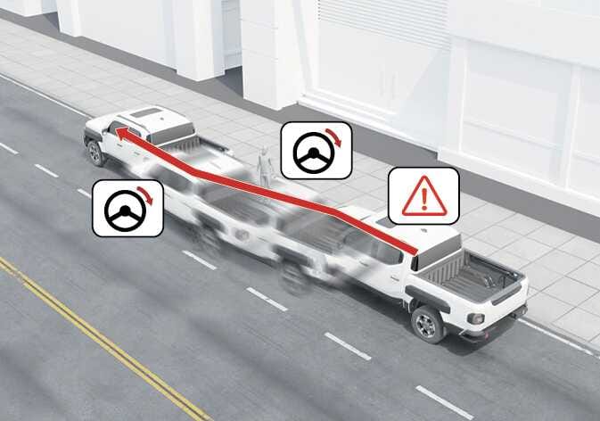 2026 기아 타스만 전방 충돌방지 보조 시스템 이미지입니다. 도로 위 차량이 차로를 변경하는 경로가 붉은색 화살표와 잔상으로 표현되어 있습니다. 붉은색 회전 화살표가 있는 조향 핸들 아이콘과 경고 아이콘은 충돌 위험 시 조향을 보조하여 사고를 회피하는 기능을 설명합니다.
