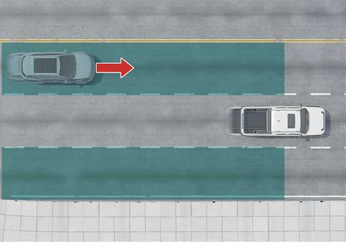 2026 기아 타스만 후측방 충돌방지 보조 작동 이미지입니다. 자차의 진행 방향이 붉은색 화살표로 표시되어 있고, 옆 차선 후측방에서 흰색 차량이 접근하고 있습니다. 자차의 후방 및 옆 차선 영역이 청록색으로 강조되어 있으며, 후측방에서 빠른 속도로 접근하는 차량을 인식하여 알려주는 기능을 설명합니다.
