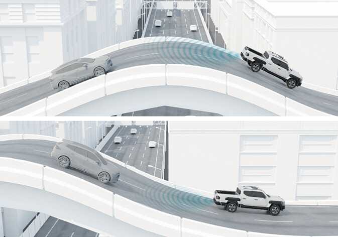 2026 기아 타스만 후측방 충돌방지 보조 시스템의 작동 제한 사항 이미지입니다. 곡선 도로의 오르막과 내리막 구간을 주행하는 차량과 청록색으로 강조된 후측방 레이더 감지 범위를 보여줍니다. 굽은 도로의 특성상 레이더가 옆 차로의 차량을 인식하지 못하거나 늦게 인식할 수 있는 상황을 설명합니다.