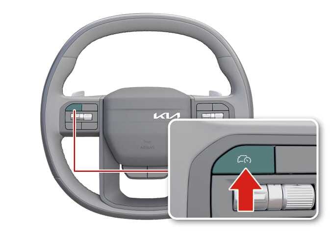 2026 기아 타스만 스티어링 휠의 주행 보조 버튼 조작 이미지입니다. 스티어링 휠 우측의 주행 보조 버튼이 청록색으로 강조되어 있으며, 확대된 상세도에는 붉은색 화살표가 버튼을 누르는 동작을 지시합니다. 버튼에는 차량과 속도계 모양의 아이콘이 표시되어 있습니다. 주행 보조 버튼을 눌러 스마트 크루즈 컨트롤을 켜는 기능을 설명합니다.