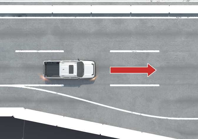 2026 기아 타스만 고속도로 차로변경 보조 기능 작동 이미지입니다. 고속도로를 주행 중인 차량의 오른쪽 차로 방향으로 굵은 붉은색 화살표가 표시되어 있습니다. 고속도로 주행 보조 기능이 켜진 상태에서 방향지시등 스위치를 조작하여 차량을 원하는 차로로 변경하는 기능을 설명합니다.