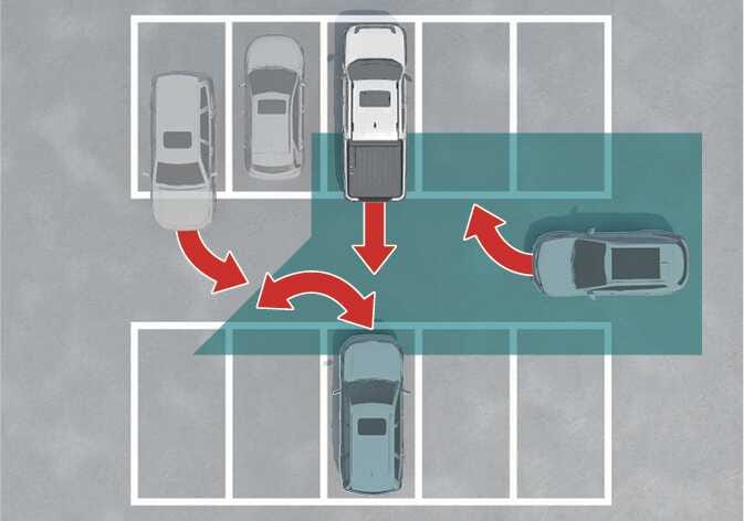 2026 기아 타스만 후방 교차 충돌방지 보조 제한 사항 이미지입니다. 후진 시 주변 차량들의 복잡한 이동 경로가 붉은색 화살표로, 감지 영역이 청록색으로 강조되어 있습니다. 복잡한 주차 환경에서 시스템이 불필요하게 작동할 수 있는 상황을 설명합니다.