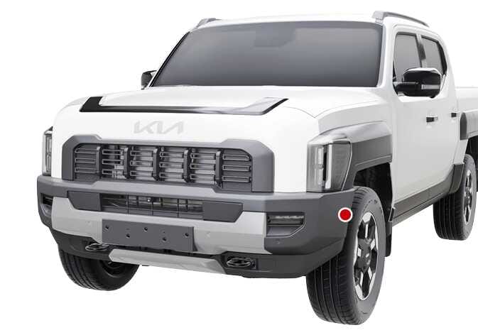 2026 기아 타스만 전측방 초음파센서 위치 이미지입니다. 차량 전면 범퍼 측면 모서리 부분에 붉은색 원으로 센서의 위치가 강조되어 있습니다. 주차 거리 경고 시스템이 장애물을 감지하는 전측방 초음파센서의 장착 위치를 설명합니다.