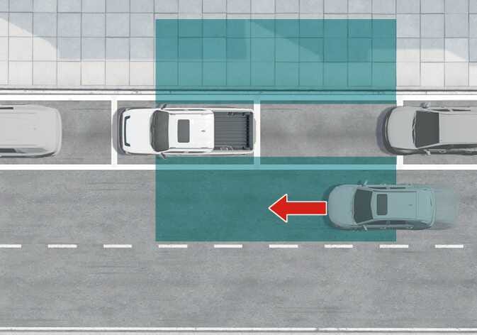 2026 기아 타스만 안전 하차 경고(SEW) 작동 예시 이미지입니다. 도로 가장자리에 정차한 차량의 후측방 감지 영역이 청록색으로 강조되어 있고, 후방에서 접근하는 차량의 이동 방향이 붉은색 화살표로 표시되어 있습니다. 정차 후 탑승자가 하차할 때 후측방에서 접근하는 차량을 인식하여 충돌 위험을 경고하는 기능을 설명합니다.