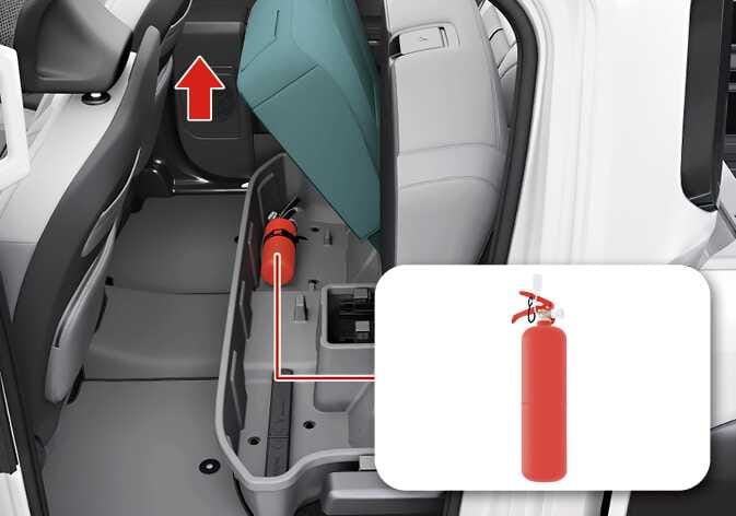 2026 기아 타스만 소화기 비치 위치 이미지입니다. 청록색으로 강조된 2열 시트 쿠션 옆에 위쪽을 가리키는 붉은색 화살표가 표시되어 있습니다. 시트 하단 트레이에 빨간색 소화기가 수납되어 있고, 우측에는 소화기 확대 이미지가 연결되어 있습니다. 2열 시트 하단 보관함에 소화기가 위치해 있음을 설명합니다.