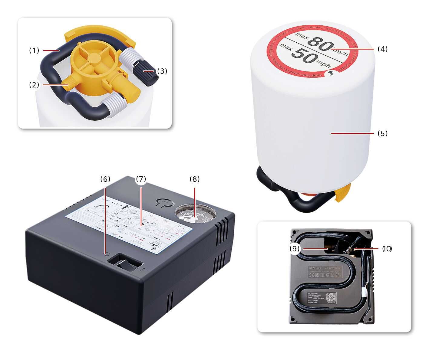 2026 기아 타스만 타이어 임시 수리 장치 구성 이미지입니다. 실런트 용기 상단에 주입 호스(1), 연결부(2), 압력 조절 노브(3)가, 측면에 속도 제한 표시 라벨(4)이 있습니다. 컴프레서(7) 상단에는 전원 스위치(6)와 압력 게이지(8)가, 바닥면에는 배터리 연결 커넥터 및 케이블(9)과 주입 호스(10)가 있습니다. 타이어 임시 수리 장치의 각 부품 명칭과 위치를 확인하는 기능을 설명합니다.