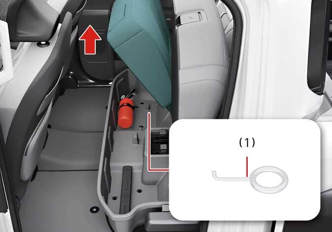 2026 기아 타스만 전용 리무버 수납 위치 이미지입니다. 청록색으로 강조된 2열 시트 쿠션이 위쪽을 향한 붉은색 화살표 방향으로 들어 올려져 하단 트레이가 노출된 모습입니다. 트레이 내부에 보관된 (1) 전용 리무버가 붉은색 선으로 연결되어 확대 표시되어 있습니다. 휠 커버 탈착에 필요한 공구를 찾는 위치를 설명합니다.
