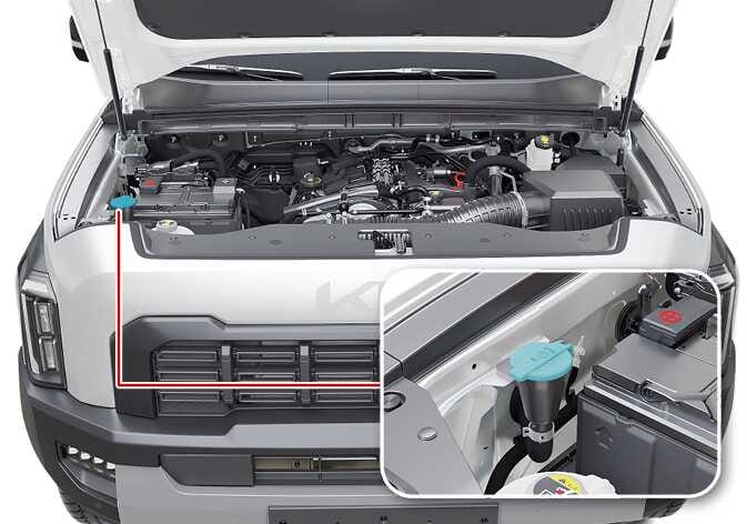 2026 기아 타스만 워셔액 점검 및 보충을 위한 엔진룸 이미지입니다. 엔진룸 좌측 가장자리에 위치한 워셔액 주입구를 붉은색 실선으로 지시하고, 해당 부분을 확대한 상세도에 파란색 캡이 장착된 주입구를 보여줍니다. 워셔액 탱크의 정확한 위치를 파악하여 워셔액을 보충하는 기능을 설명합니다.