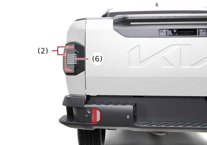 2026 기아 타스만 리어 콤비네이션 램프 B 타입 이미지입니다. 차량 후면 좌측 램프에서 붉은색 선으로 표시된 (2)번은 LED 타입의 제동등 및 후미등을, (6)번은 LED 타입의 뒷면방향지시등 위치를 나타냅니다. 차량 후방 조명 장치의 위치와 구성을 확인하는 기능을 설명합니다.