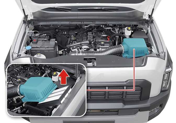 2026 기아 타스만 에어클리너 커버 분리 이미지입니다. 엔진룸 내 청록색으로 강조된 에어클리너와 커버를 위쪽으로 들어 올리는 동작이 굵은 빨간색 화살표로 표시된 상세도가 포함되어 있습니다. 필터 교체를 위해 커버를 위로 당겨 개방하는 기능을 설명합니다.