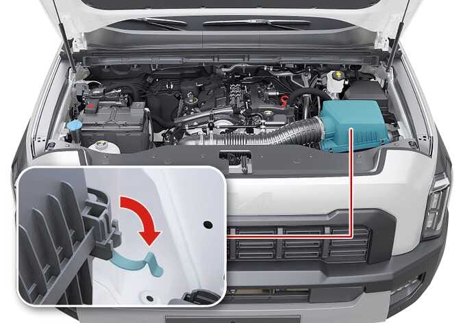 2026 기아 타스만 에어클리너 필터 교체 이미지입니다. 엔진룸 우측에 청록색으로 강조된 에어클리너가 위치해 있으며, 확대된 상세도에는 커버 측면의 고정 클립을 붉은색 굽은 화살표 방향으로 젖히는 모습이 나타나 있습니다. 에어클리너 커버의 잠금 장치를 해제하는 과정을 설명합니다.
