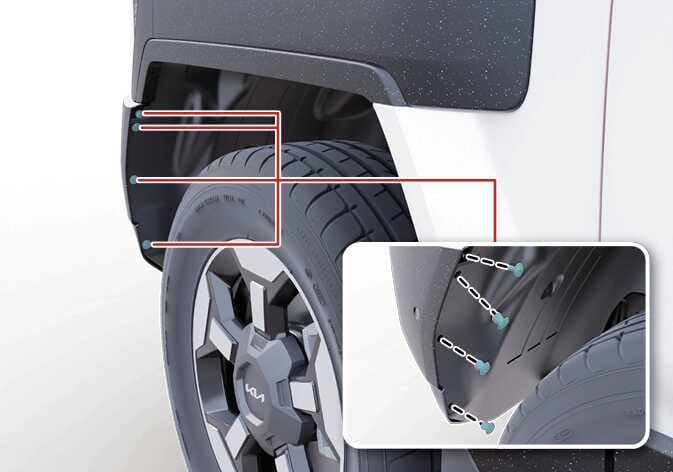 2026 기아 타스만 앞면방향지시등 전구 교체 절차 이미지입니다. 차량 앞바퀴 휠 하우스 안쪽의 휠가드 위치를 붉은색 선으로 지시하고 있습니다. 상세도에는 휠가드를 고정하는 패스너들이 청록색으로 강조되어 있으며, 점선으로 위치를 나타냅니다. 도구를 이용하여 휠가드 패스너를 탈거하는 과정을 설명합니다.