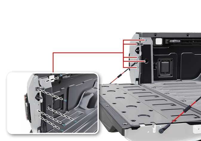 2026 기아 타스만 뒷면방향지시등 전구 교체 이미지입니다. 적재함 도어가 열린 상태에서 테일램프 안쪽 측면을 붉은색 선으로 연결하여 확대한 상세도가 포함되어 있습니다. 상세도에는 청록색으로 강조된 두 개의 고정 나사 위치가 표시되어 있습니다. 전구 교체를 위해 분리해야 하는 고정 나사의 위치를 설명합니다.
