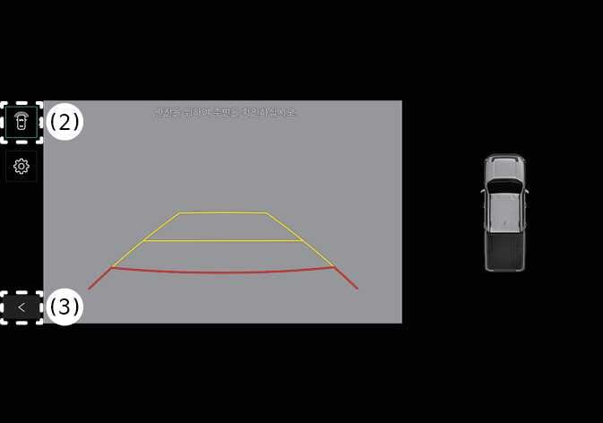 2026 기아 타스만 후방 모니터 화면 구성 이미지입니다. 화면 좌측 상단의 (2) 뷰 전환 버튼과 좌측 하단의 (3) 뒤로 가기 버튼이 점선 박스로 강조되어 있습니다. 중앙에는 노란색과 빨간색 주차 가이드라인이, 우측에는 차량의 탑뷰가 표시되어 있습니다. 후방 모니터 화면의 주요 조작 버튼 위치를 설명합니다.