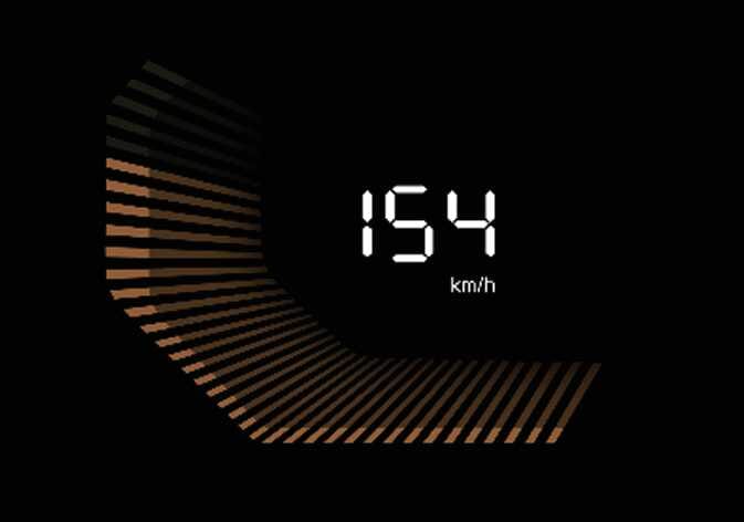 2026 기아 타스만 속도계 A 타입 이미지입니다. 검은색 배경의 화면 중앙에 흰색 숫자로 '154', 그 아래에 'km/h' 단위가 표시되어 있습니다. 좌측에는 곡선 형태의 주황색 그래픽 바가 배치되어 있습니다. 차량의 현재 주행 속도를 디지털 숫자와 그래픽으로 시각화하여 운전자에게 안내하는 기능을 설명합니다.