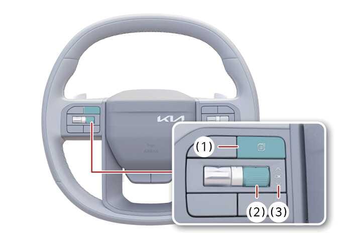 2026 기아 타스만 스티어링 휠 LCD 표시창 제어 버튼 이미지입니다. 스티어링 휠 좌측 버튼부가 청록색으로 강조되어 있고, 우측에 확대된 상세도가 연결되어 있습니다. 상세도에는 모드 버튼(1), 이동 다이얼(2), OK 버튼(3)의 위치가 표시되어 있습니다. 각 버튼을 눌러 LCD 표시창 모드를 변경하거나 다이얼을 돌려 항목을 이동 및 선택하는 기능을 설명합니다.