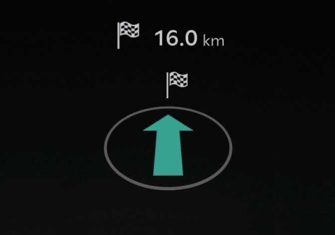 2026 기아 타스만 내비게이션 뷰 화면 이미지입니다. 상단에는 목적지 도착 깃발 아이콘과 16.0 km 문구가 표시되어 있고, 하단에는 청록색으로 강조된 직진 화살표가 타원형 테두리 내부에 위치합니다. 클러스터 화면에서 목적지까지의 거리와 주행 방향 등 경로 안내 정보를 제공하는 기능을 설명합니다.