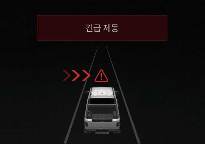 2026 기아 타스만 긴급 제동 경고 화면 이미지입니다. 어두운 배경의 도로 위 차량 전방에 붉은색 삼각형 느낌표 아이콘과 우측 방향을 가리키는 붉은색 화살표가 표시되어 있습니다. 화면 상단에는 '긴급 제동'이라는 붉은색 경고 문구가 표시되어 있습니다. 전방 교차 차량과의 충돌 위험 시 경고하고 긴급 제동을 수행하는 기능을 설명합니다.