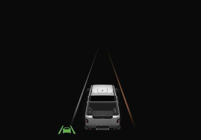 2026 기아 타스만 차로 이탈 경고(우측) 이미지입니다. 차량의 우측 차선이 주황색으로 강조되고 좌측 하단에 초록색 차로 안전 표시등이 점등되어 있습니다. 우측 차로 이탈 시 운전자에게 경고하는 기능을 설명합니다.