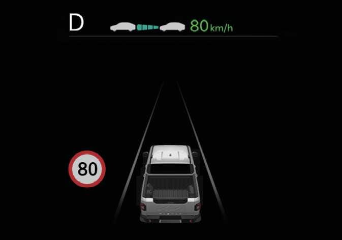 2026 기아 타스만 지능형 속도 제한 보조 작동 이미지입니다. 클러스터 화면 좌측 하단에 80km/h 제한 속도 표지판이, 상단에는 현재 속도가 '80 km/h'라는 초록색 문구로 표시되어 있습니다. 제한 속도에 맞춰 차량의 설정 속도가 조절된 상태를 설명합니다.