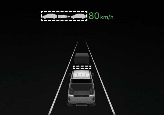 2026 기아 타스만 스마트 크루즈 컨트롤 운전 스타일 연동 화면 이미지입니다. 상단에는 앞차와의 간격 그래픽이, 하단에는 차량 위의 차간거리 단계 막대가 각각 흰색 점선 박스로 강조되어 있습니다. 우측 상단에는 녹색으로 주행 속도가 표시되어 있습니다. 운전 스타일 연동 기능 작동 시 클러스터에 표시되는 목표 차간거리와 설정 단계를 확인하는 기능을 설명합니다.