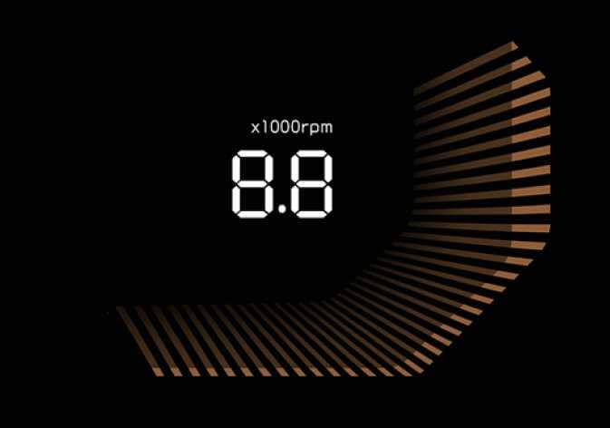 2026 기아 타스만 엔진 회전계 A 타입 이미지입니다. '8.8' 숫자와 'x1000rpm' 문구가 표시되어 있고, 우측에는 곡선형 갈색 막대 게이지가 배치되어 있습니다. 1분당 엔진 회전수를 시각적으로 표시하는 기능을 설명합니다.