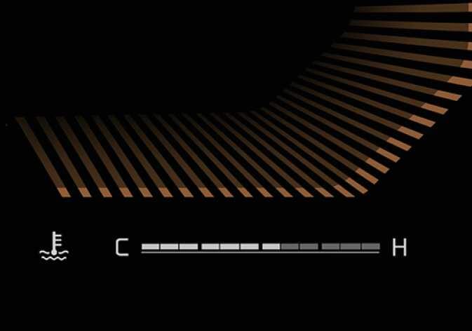 2026 기아 타스만 냉각수 수온계 A 타입 이미지입니다. 좌측의 온도계 아이콘과 'C', 우측의 'H' 사이에 위치한 막대형 게이지가 현재 온도를 표시하고 있습니다. 게이지 상단에는 대각선 형태의 그래픽 패턴이 배치되어 있습니다. 엔진 냉각수의 온도를 시각적으로 확인하는 기능을 설명합니다.