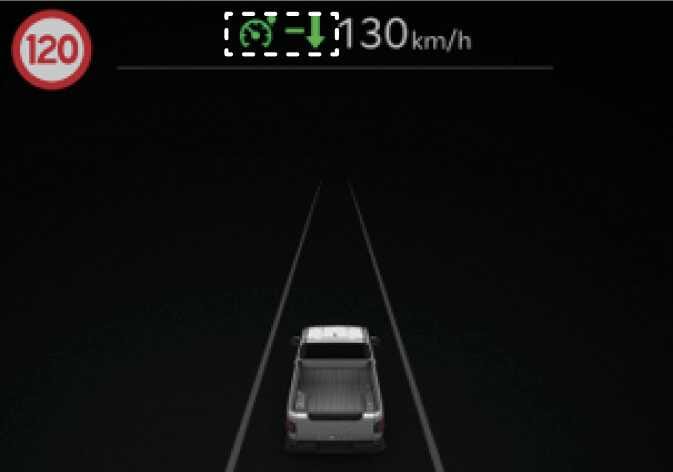 2026 기아 타스만 지능형 속도 제한 보조 설정속도 변경 이미지입니다. 클러스터 화면에 제한속도 120km/h 표지판과 현재 설정 속도 130km/h가 표시되어 있습니다. 설정 속도 옆에 녹색 속도계 아이콘과 아래쪽 화살표가 점선 박스로 강조되어 있습니다. 도로의 제한속도에 맞춰 설정 속도를 낮춰야 함을 알리는 기능을 설명합니다.