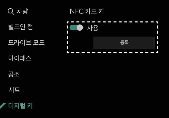 2026 기아 타스만 디지털 키 설정 화면 이미지입니다. '디지털 키' 메뉴 내 'NFC 카드 키' 항목에서 '사용' 토글 스위치가 켜져 있고, '등록' 버튼이 있는 영역이 흰색 점선 박스로 강조되어 있습니다. 카드 키 사용 설정을 확인하는 기능을 설명합니다.