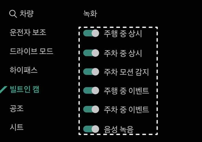 2026 기아 타스만 빌트인 캠 녹화 설정 화면 이미지입니다. 인포테인먼트 시스템의 '녹화' 메뉴에 '주행 중 상시', '주차 중 상시', '주차 모션 감지', '주행 중 이벤트', '주차 중 이벤트', '음성 녹음' 항목이 나열되어 있으며, 해당 영역이 점선 박스로 강조되어 있습니다. 각 항목의 스위치를 켜거나 꺼서 주행 및 주차 시 녹화 방법과 음성 녹음 여부를 선택하는 기능을 설명합니다.