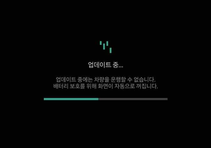 2026 기아 타스만 소프트웨어 업데이트 진행 화면 이미지입니다. 화면 중앙에 '업데이트 중...' 문구와 '업데이트 중에는 차량을 운행할 수 없습니다.' 등의 안내 메시지가 표시되어 있습니다. 하단에는 청록색으로 채워지는 진행률 바가 위치합니다. 차량 내 화면에서 업데이트 진행 상태를 확인하는 기능을 설명합니다.