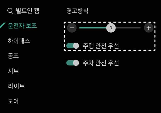 2026 기아 타스만 운전자 보조 시스템의 경고 방식 설정 화면 이미지입니다. 인포테인먼트 화면 좌측 메뉴에 '운전자 보조'가 선택되어 있고, 우측에는 '경고방식' 설정 화면이 표시됩니다. 점선 박스로 강조된 영역 안에 경고 음량을 조절하는 슬라이더와 '주행 안전 우선' 항목이 위치하며, 활성화된 슬라이더 바와 스위치는 청록색으로 강조되어 있습니다. 경고 음량을 조절하고 주행 안전 우선 기능을 설정하는 화면 구성을 설명합니다.