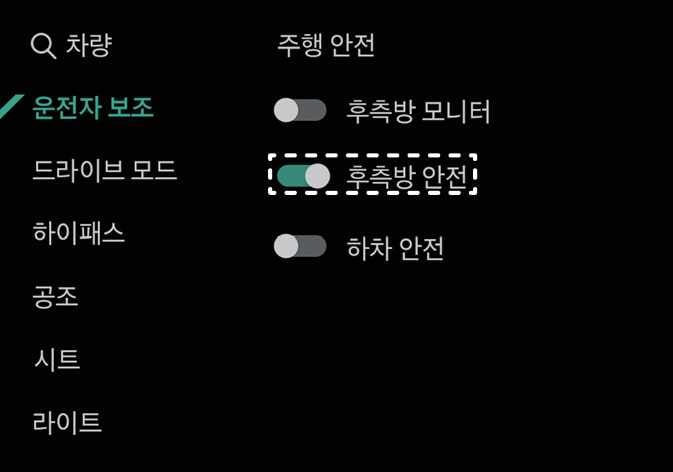 2026 기아 타스만 후측방 안전 설정 화면 이미지입니다. 인포테인먼트 시스템 설정 메뉴의 '운전자 보조'가 청록색으로 강조되어 있고, 우측 '주행 안전' 목록에서 '후측방 안전'의 토글 스위치가 켜진 상태로 흰색 점선 박스로 표시되어 있습니다. 인포테인먼트 시스템에서 후측방 안전 기능을 활성화하는 설정을 설명합니다.