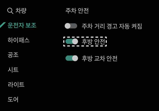 2026 기아 타스만 인포테인먼트 시스템의 주차 안전 설정 화면 이미지입니다. 운전자 보조 메뉴 내 '주차 안전' 목록에서 '후방 안전' 항목이 켜짐 상태로 설정되어 있으며, 해당 항목이 점선 박스로 강조되어 있습니다. 후방의 보행자나 물체와 충돌 위험이 있을 때 경고하고 제동을 돕는 기능을 활성화하는 방법을 설명합니다.