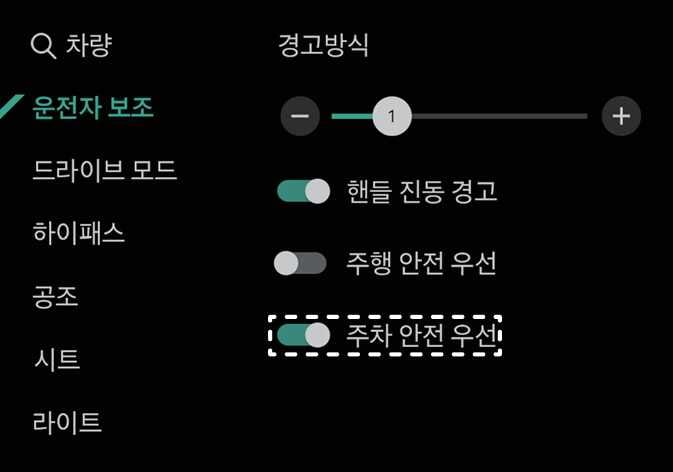 2026 기아 타스만 인포테인먼트 시스템의 경고 방식 설정 화면 이미지입니다. 운전자 보조 메뉴 내 경고 방식 설정 목록 중 '주차 안전 우선' 항목이 청록색으로 강조된 스위치와 함께 점선 박스로 표시되어 있습니다. 안전한 주차를 위해 후방 모니터 작동 중 오디오 음량을 줄이는 기능을 설명합니다.