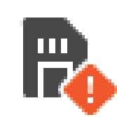 2026 기아 타스만 빌트인 캠 SD 메모리 상태 경고 아이콘입니다. 어두운 회색의 메모리 카드 심볼 우측 하단에 주황색 마름모 형태의 느낌표가 겹쳐져 있습니다. SD 메모리 카드의 오류나 점검이 필요한 상태임을 알리는 기능을 설명합니다.